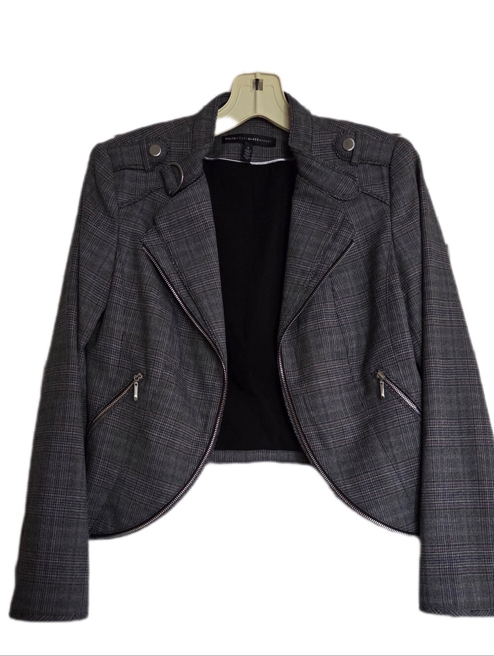 White House Black Market Plaid Gray Black Moto Jacket Cropped Y2K Fall Size 6